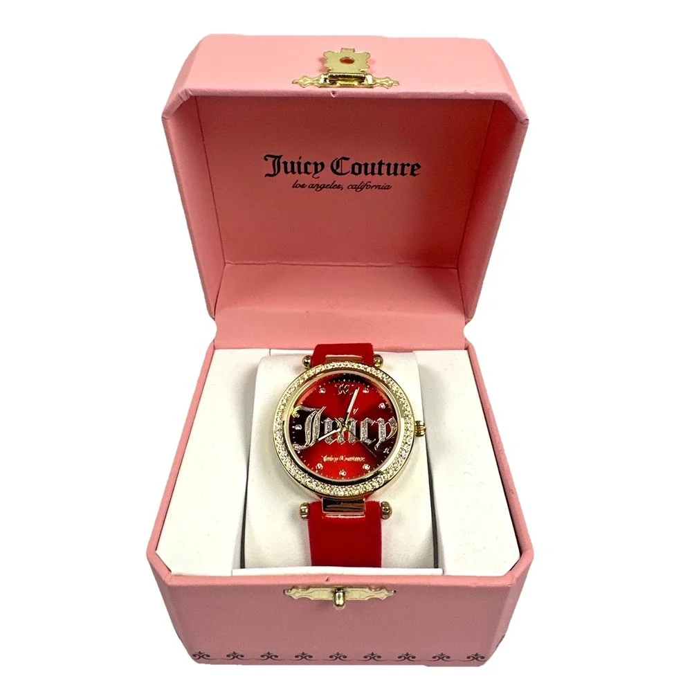 Juicy Couture Red Crystal Logo Watch Gold Tone Velvet Band w Box Y2K